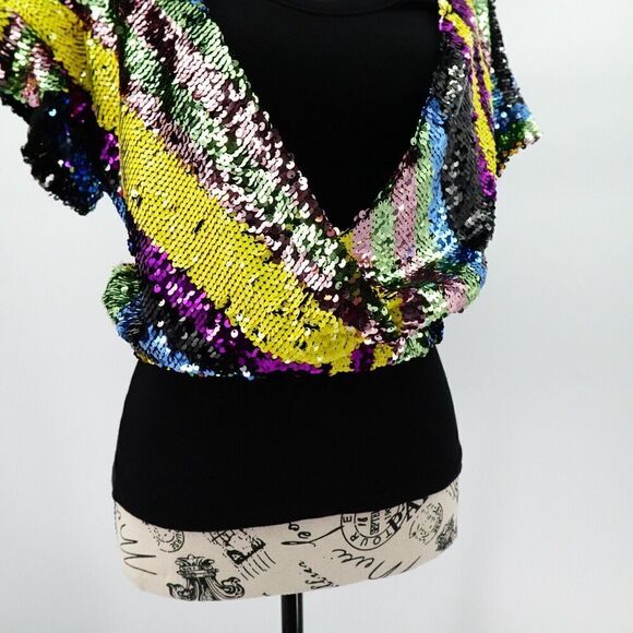 Rdalamal x Anthropologie Sequin Top Women XS Multicolor Crop Surplice Statement - Picture 12 of 16